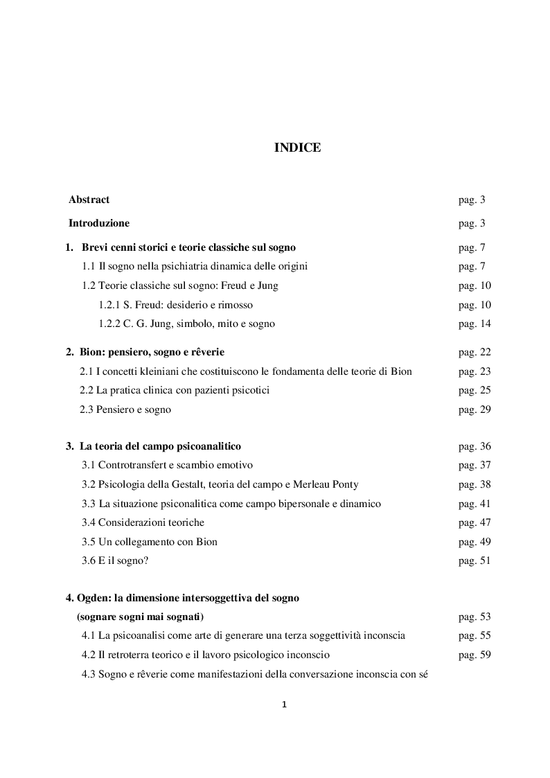 Indice della tesi: Sogno e campo psicoanalitico. Discussione su recenti modelli teorico-clinici, Pagina 1