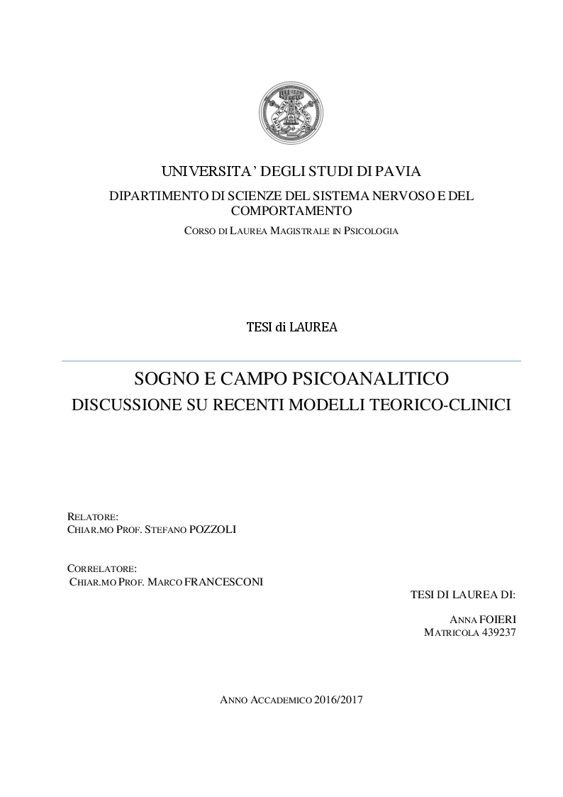 Anteprima della tesi: Sogno e campo psicoanalitico. Discussione su recenti modelli teorico-clinici, Pagina 1