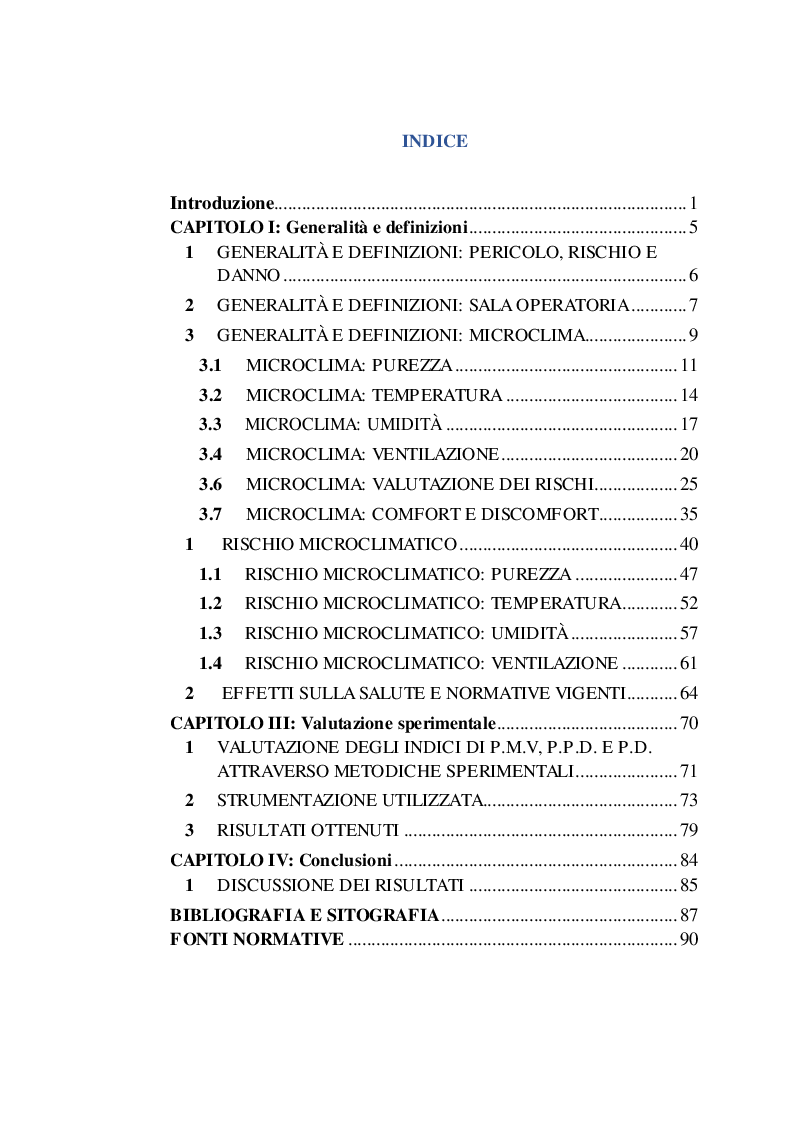 Indice della tesi: Le condizioni microclimatiche nelle sale operatorie: campionamenti e verifiche per l'analisi del rischio, Pagina 1