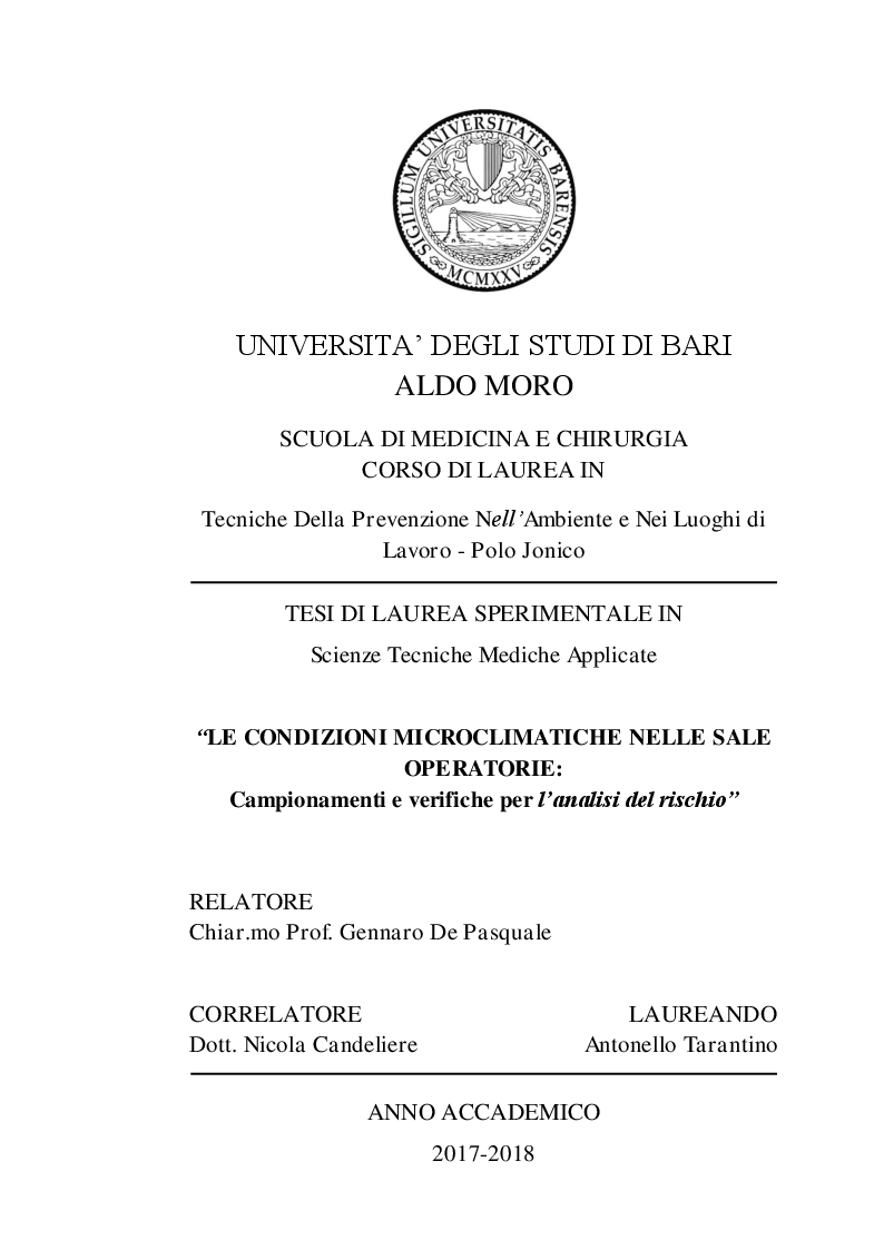 Anteprima della tesi: Le condizioni microclimatiche nelle sale operatorie: campionamenti e verifiche per l'analisi del rischio, Pagina 1