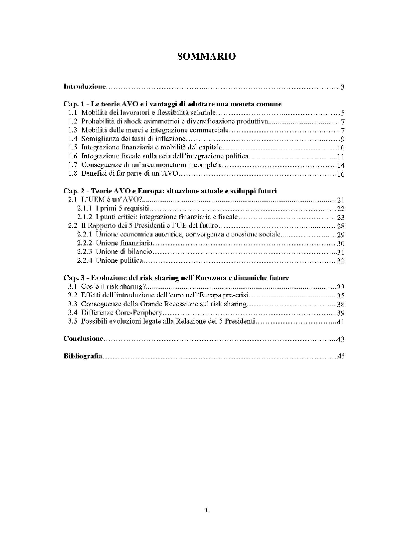 Indice della tesi: Quanto lontana è l'UEM dall'essere un'area valutaria ottimale?, Pagina 1