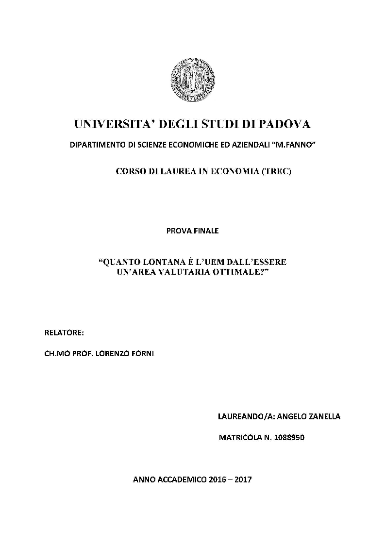 Anteprima della tesi: Quanto lontana è l'UEM dall'essere un'area valutaria ottimale?, Pagina 1