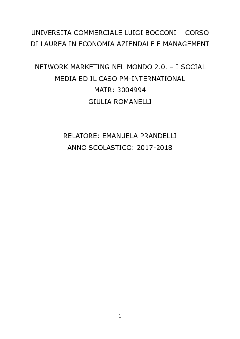 Anteprima della tesi: Network marketing nel mondo 2.0. - I social media ed il caso Pm-International, Pagina 1
