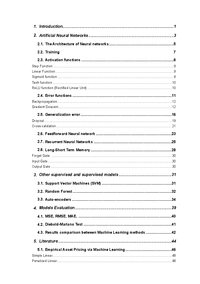 Indice della tesi: Evaluation of Machine Learning impact on Asset Risk Premia measurement, Pagina 1