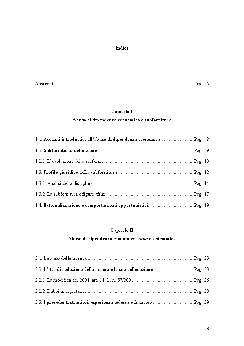 Indice della tesi: L’Abuso di Dipendenza Economica: dall’emanazione della legge alla prima volta dell’AGCM, Pagina 1