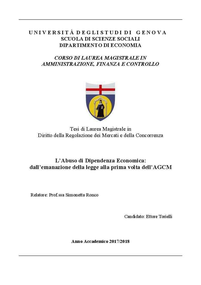 Anteprima della tesi: L’Abuso di Dipendenza Economica: dall’emanazione della legge alla prima volta dell’AGCM, Pagina 1