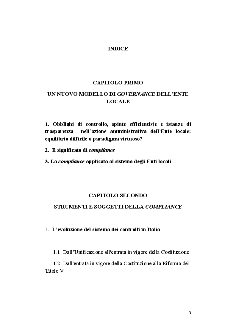 Indice della tesi: Il ruolo del segretario all'interno del sistema di compliance dell'ente locale, Pagina 1