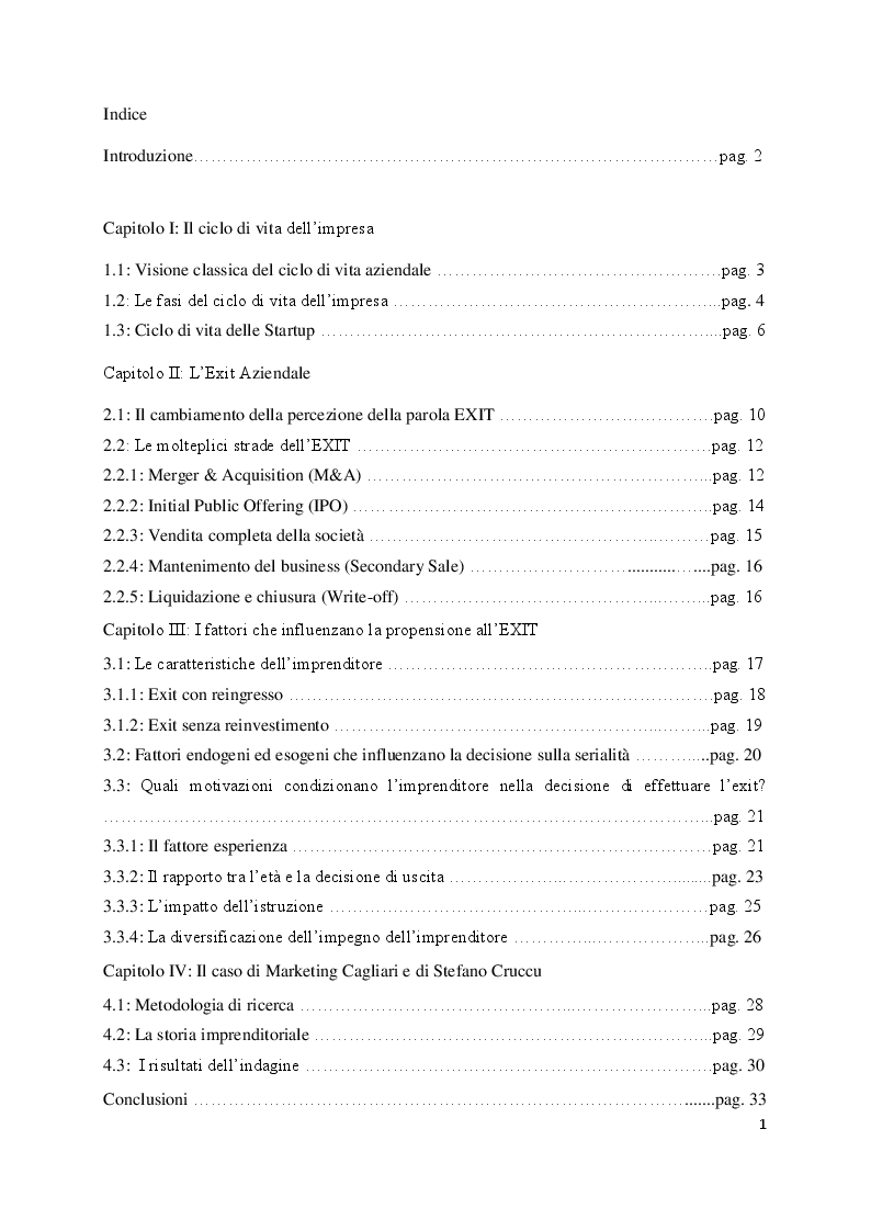 Indice della tesi: Studio e Analisi dell'Exit Imprenditoriale, Pagina 1