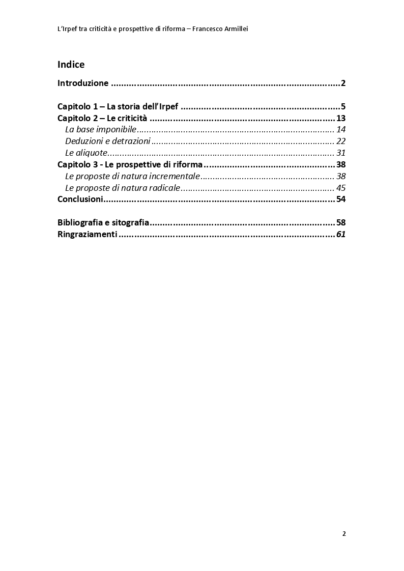 Indice della tesi: L'Irpef tra criticità e prospettive di riforma, Pagina 1
