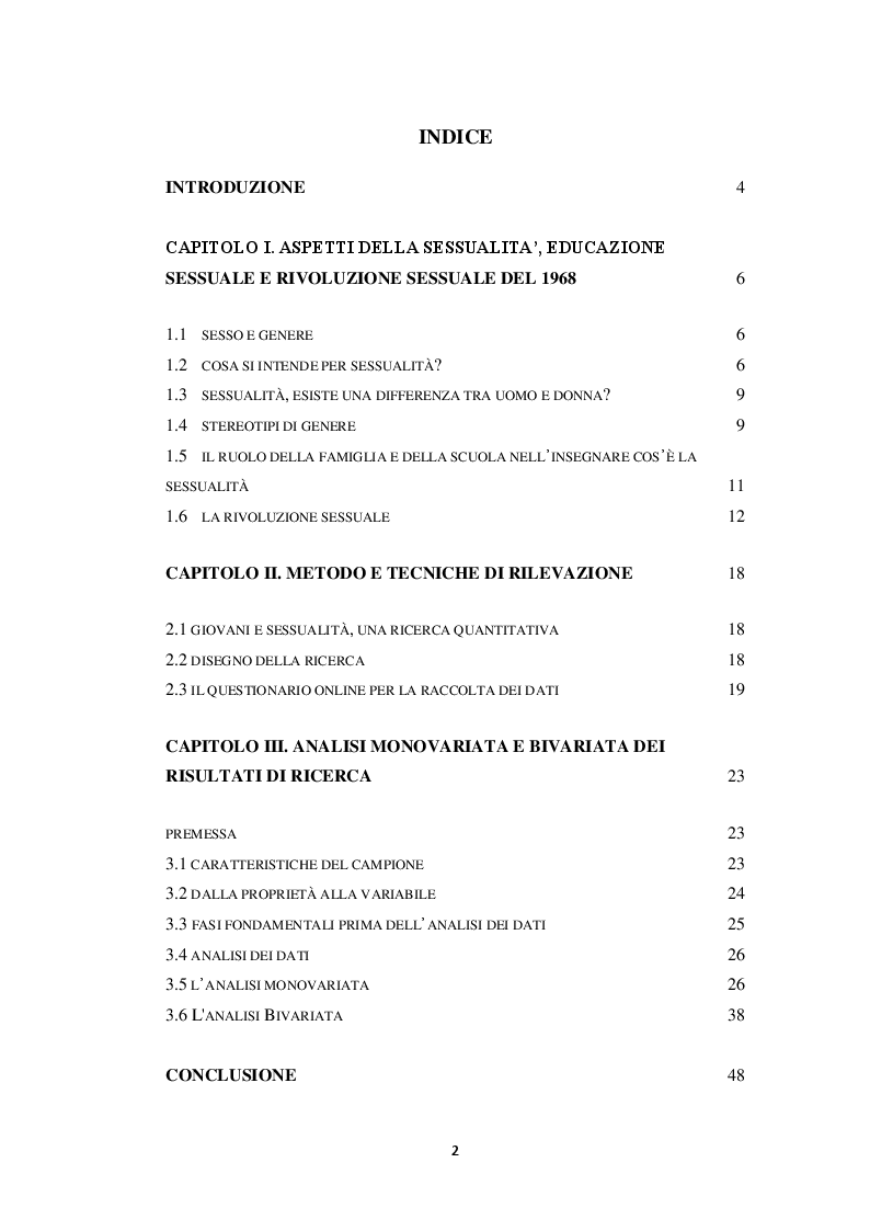 Indice della tesi: Cosa resta della rivoluzione sessuale? Giovani e sessualità cinquant'anni dopo, Pagina 1