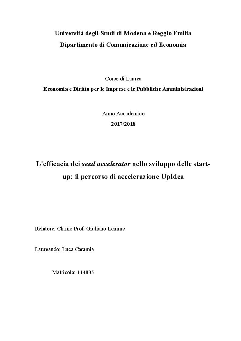 Anteprima della tesi: L'efficacia dei seed accelerator nello sviluppo delle start-up: il percorso di accelerazione UpIdea, Pagina 1