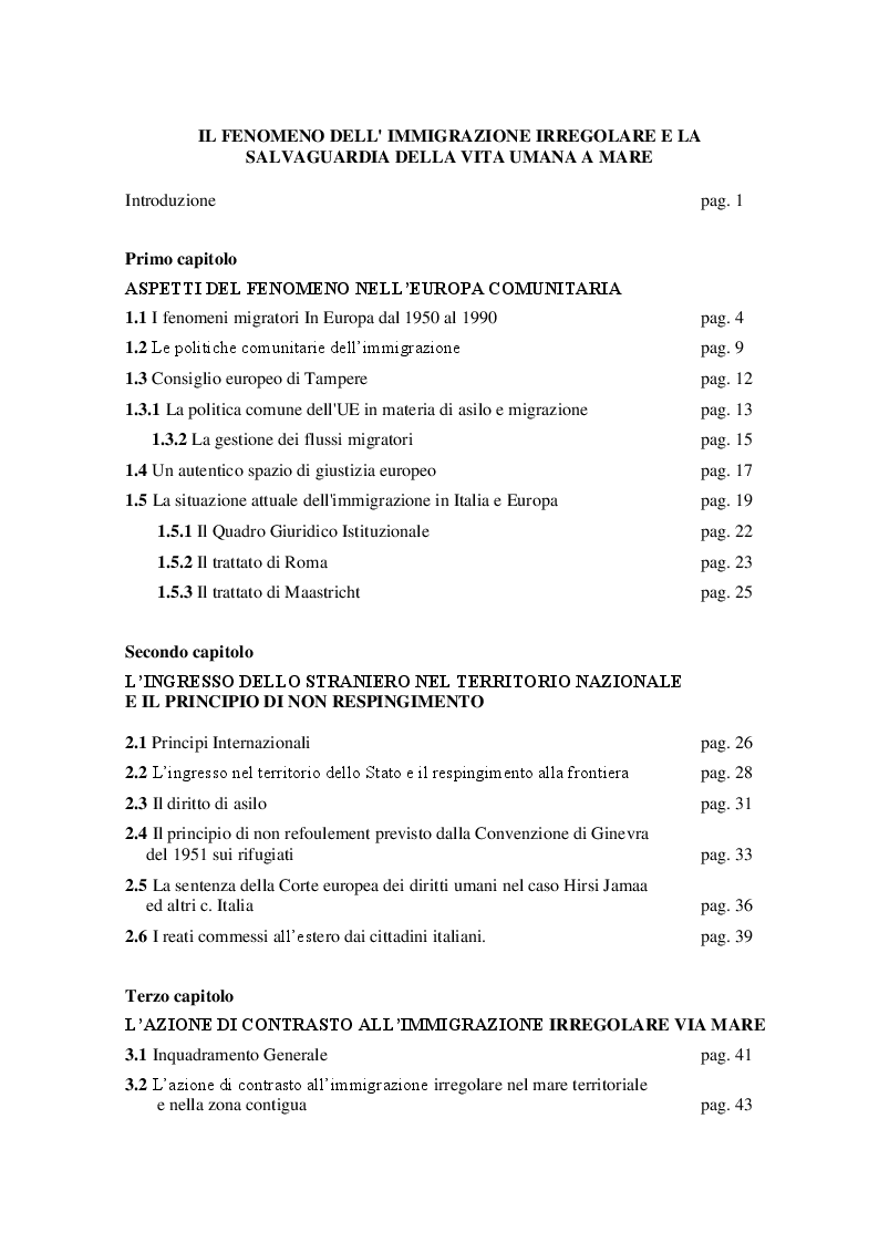 Indice della tesi: Il fenomeno dell'immigrazione irregolare e la salvaguardia della vita umana a mare, Pagina 1