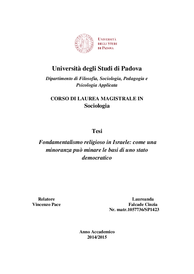 Anteprima della tesi: Fondamentalismo religioso in Israele: come una minoranza può minare le basi di uno stato democratico, Pagina 1
