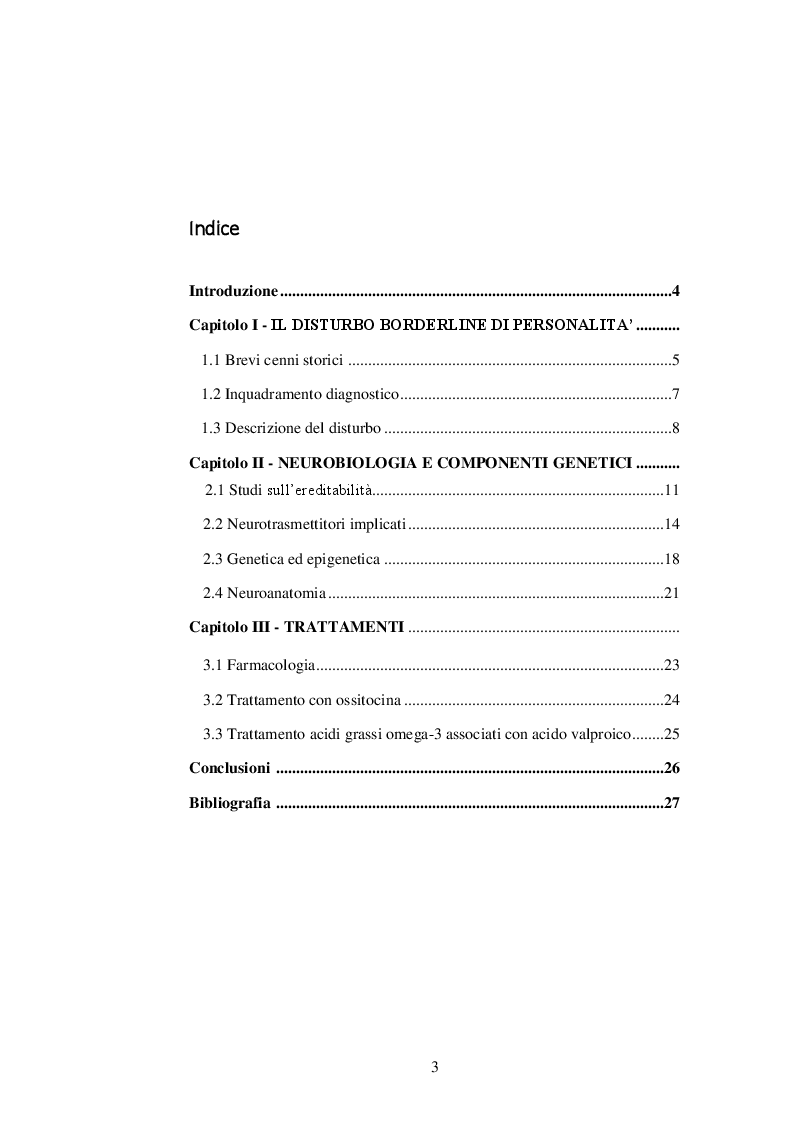 Indice della tesi: Basi biologiche e genetiche del disturbo borderline di personalità, Pagina 1