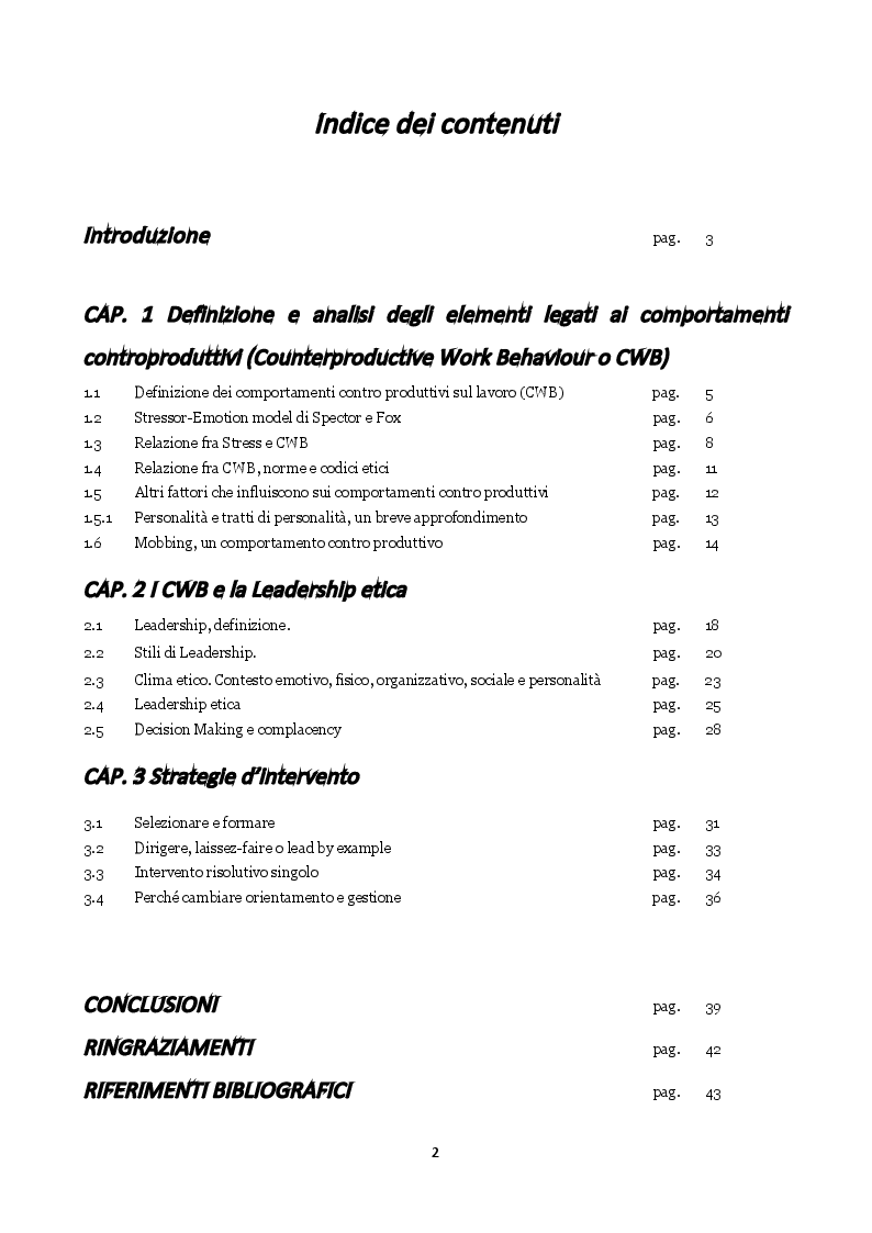 Indice della tesi: Stress e comportamenti controproduttivi (CWB), Pagina 1