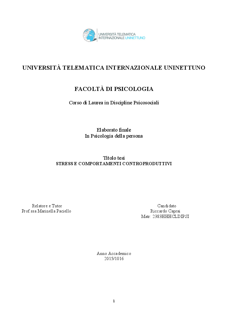 Anteprima della tesi: Stress e comportamenti controproduttivi (CWB), Pagina 1