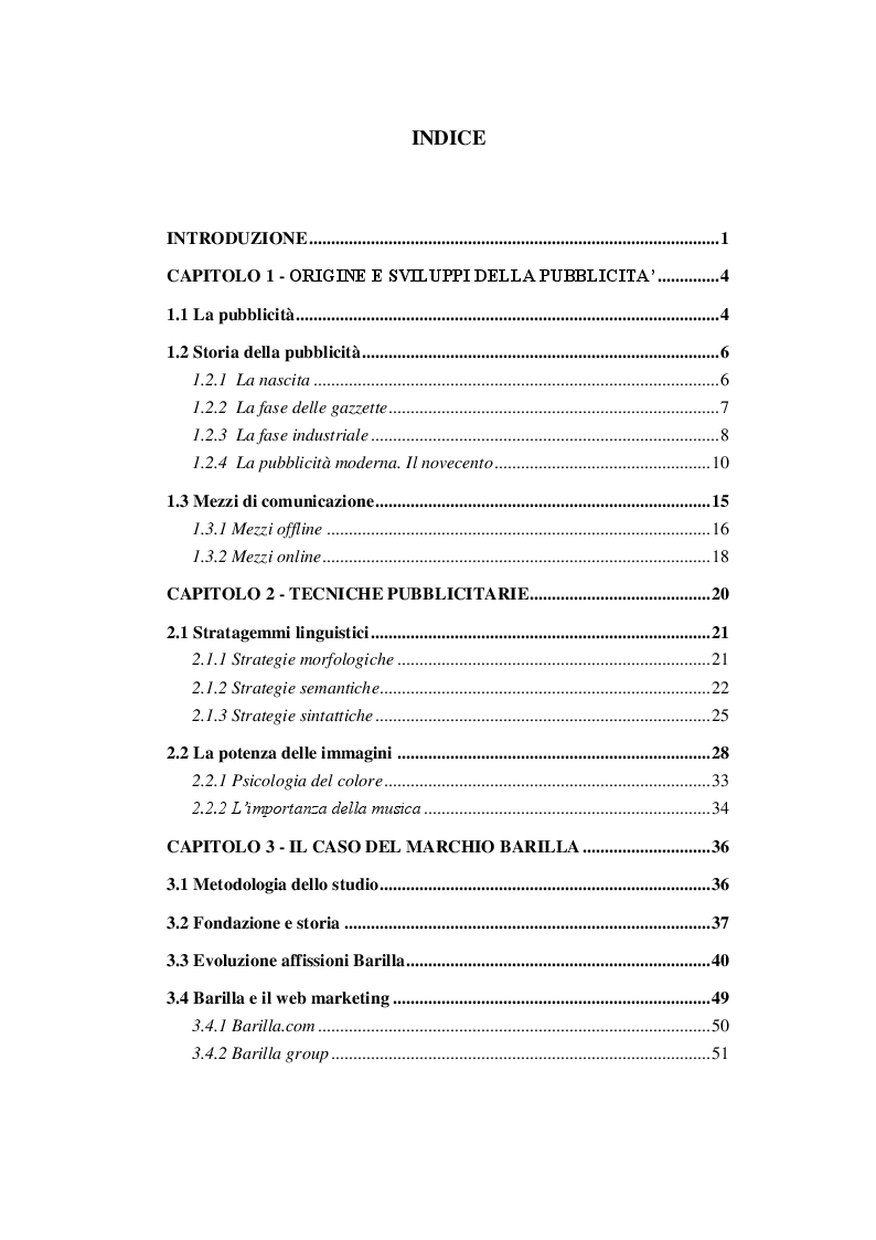 Indice della tesi: Storia di una comunicazione sempre al dente: un'analisi linguistica ed extra-linguistica della pubblicità Barilla, Pagina 1