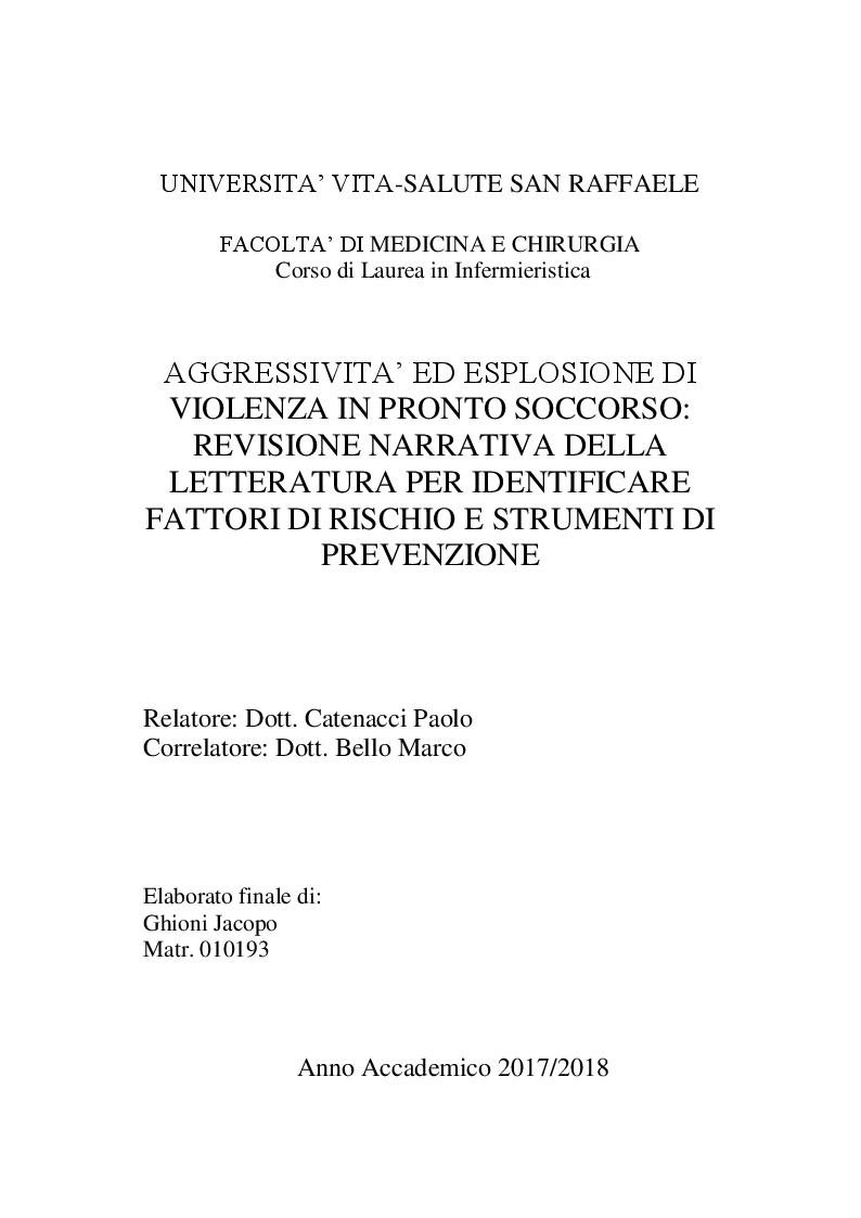 Anteprima della tesi: Aggressività ed esplosione di violenza in pronto soccorso: revisione narrativa della letteratura per identificare fattori di rischio e strumenti di prevenzione, Pagina 1