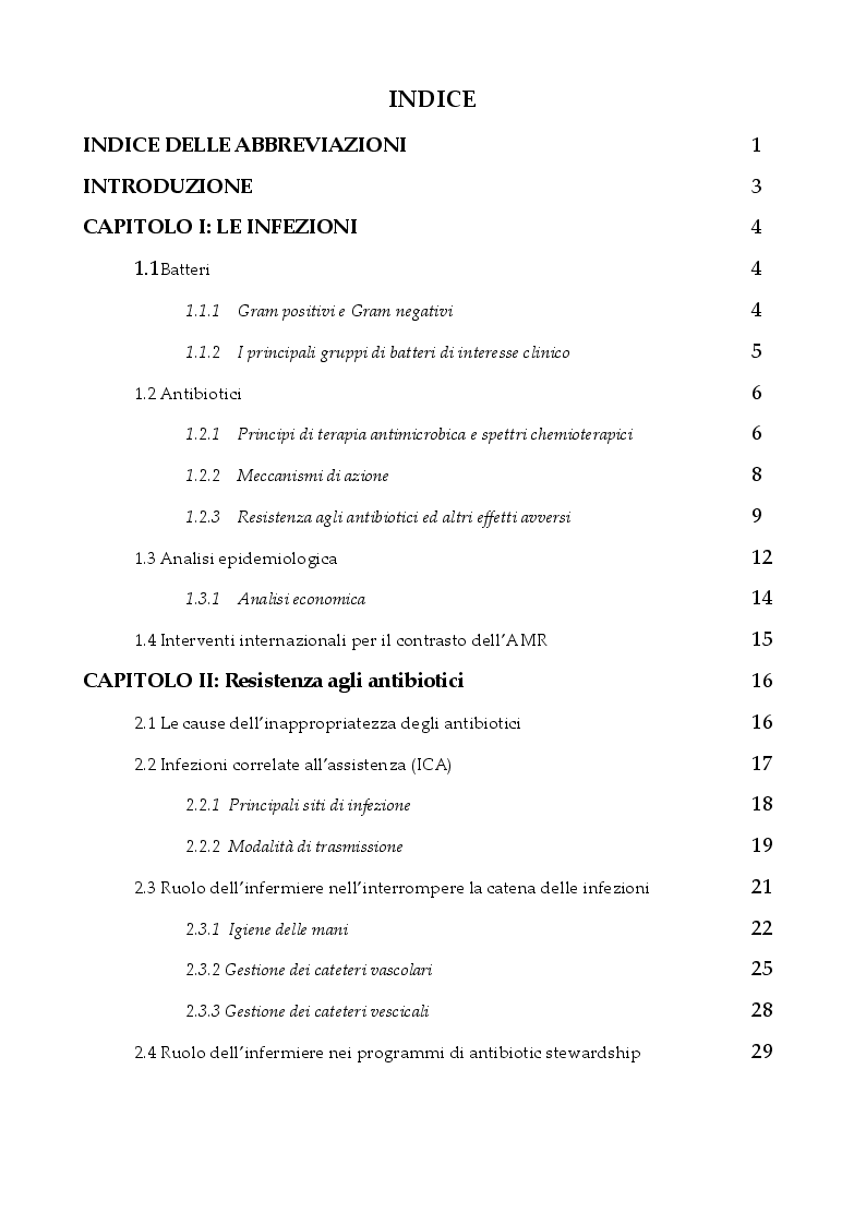 Indice della tesi: Strategie per contrastare l'antibiotico resistenza: ruolo dell'infermiere, Pagina 1