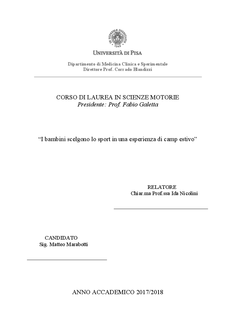 Anteprima della tesi: I bambini scelgono lo sport in una esperienza di camp estivo, Pagina 1