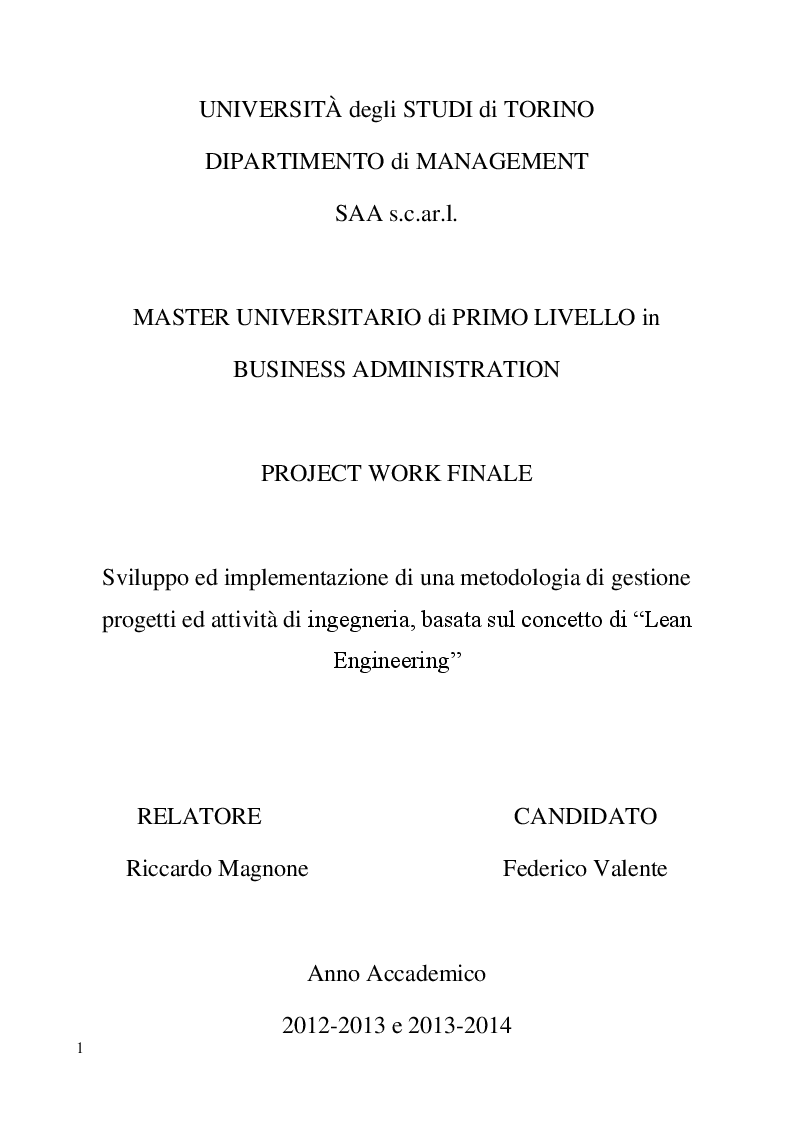 Anteprima della tesi: Sviluppo ed implementazione di una metodologia di gestione progetti ed attività di ingegneria, basata sul concetto di “Lean Engineering”, Pagina 1