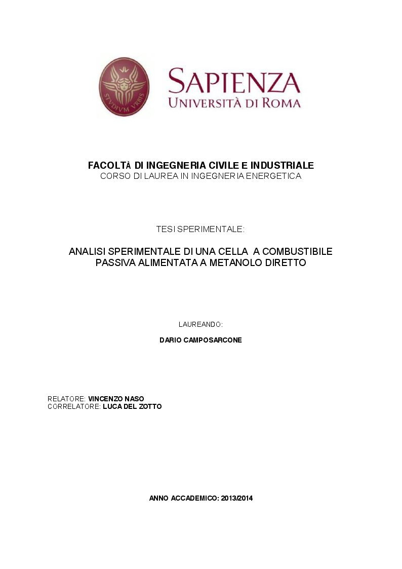 Anteprima della tesi: Analisi sperimentale di una cella a combustibile passiva alimentata a metanolo diretto, Pagina 1