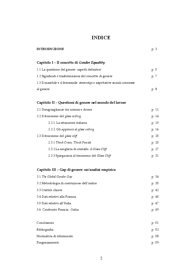 Indice della tesi: Gender Equality in Italia e in Francia: un'analisi comparativa, Pagina 1