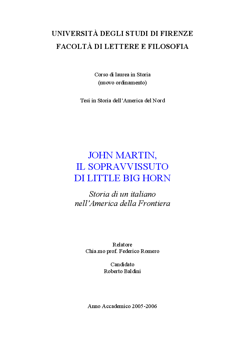 Anteprima della tesi: John Martin, il sopravvissuto di Little Big Horn: storia di un italiano nell'America di Custer, Pagina 1