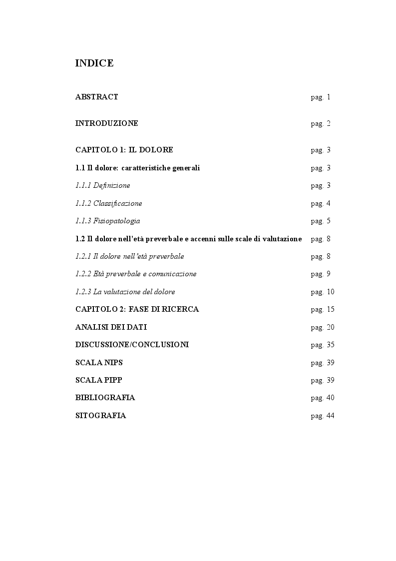 Indice della tesi: Assessment Infermieristico: La rilevazione del dolore nella popolazione in età preverbale, Pagina 1
