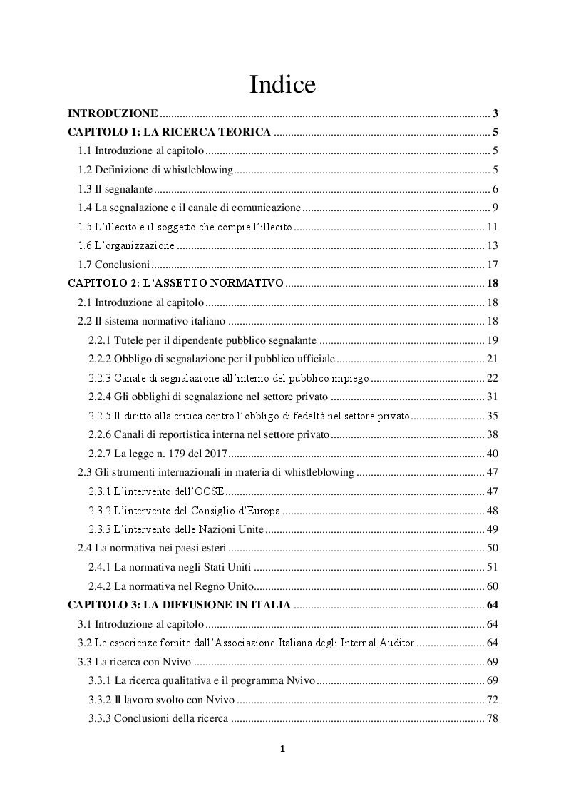 Indice della tesi: Il Whistleblowing in Italia: sistema normativo, diffusione e pratica aziendale, Pagina 1