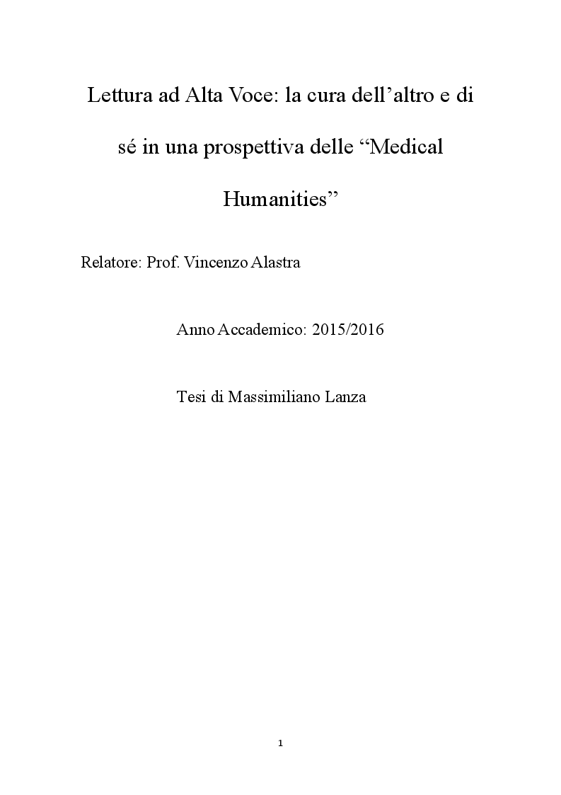 Anteprima della tesi: Lettura ad Alta voce: la cura degli altri e di sé alla luce delle Medical Humanities, Pagina 1