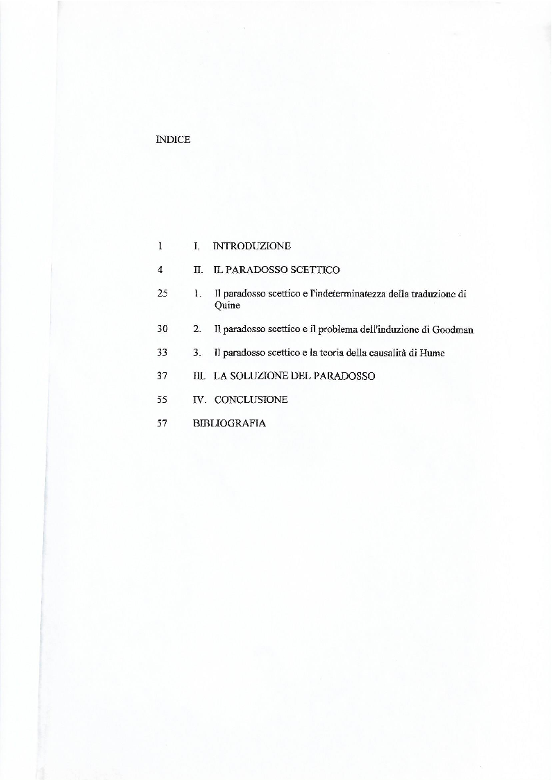 Indice della tesi: Il paradosso scettico di Wittgenstein - Kripke, Pagina 1