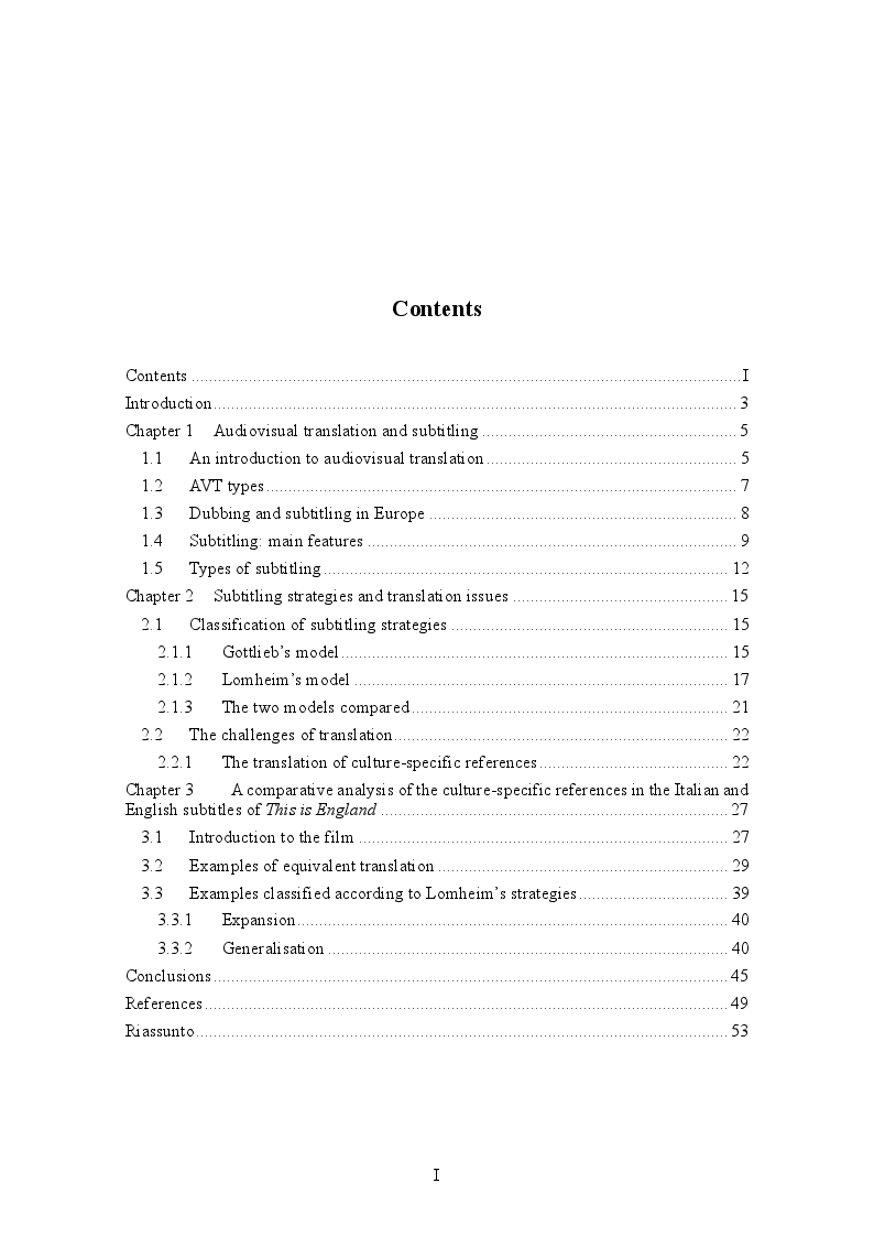 Indice della tesi: Translating culture-specific references in subtitling: ''This is England'' as a case study, Pagina 1