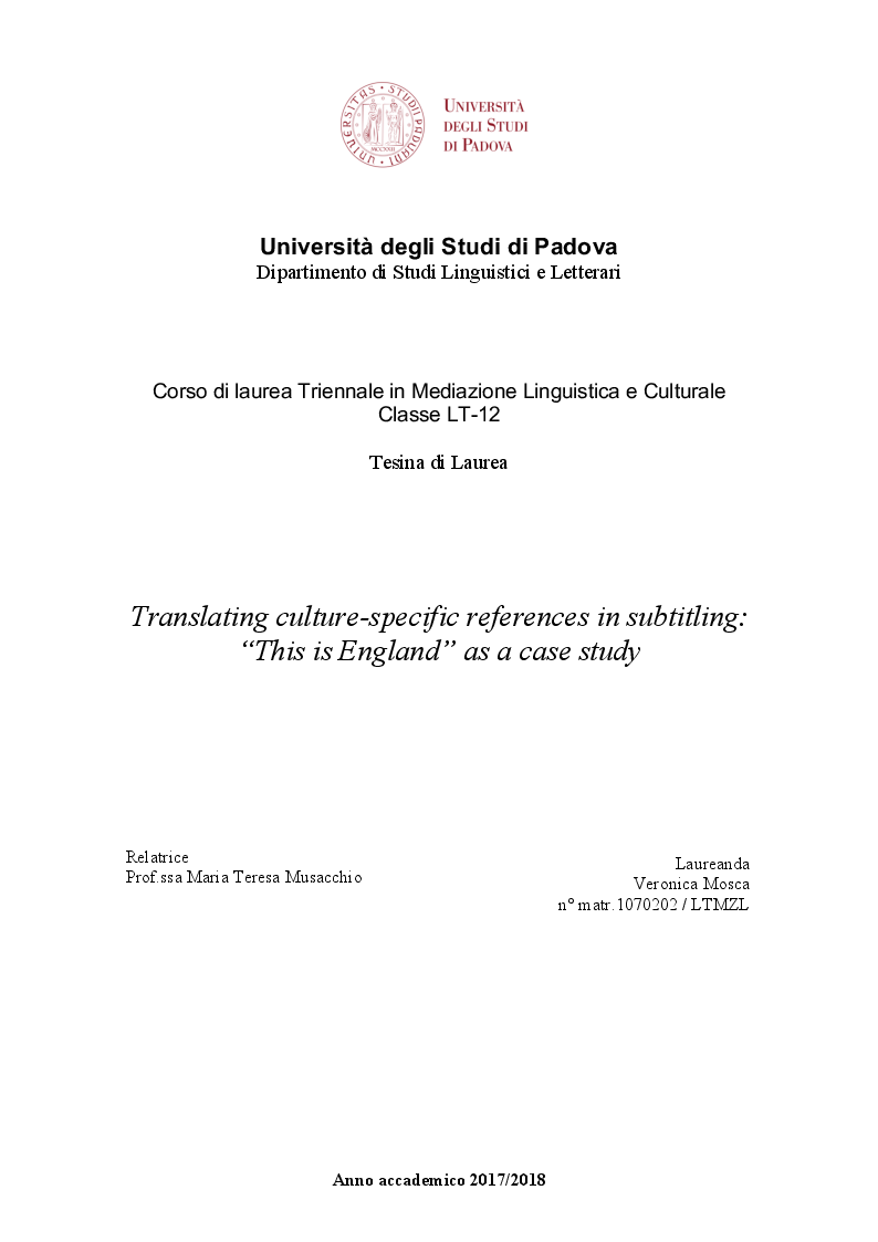 Anteprima della tesi: Translating culture-specific references in subtitling: ''This is England'' as a case study, Pagina 1