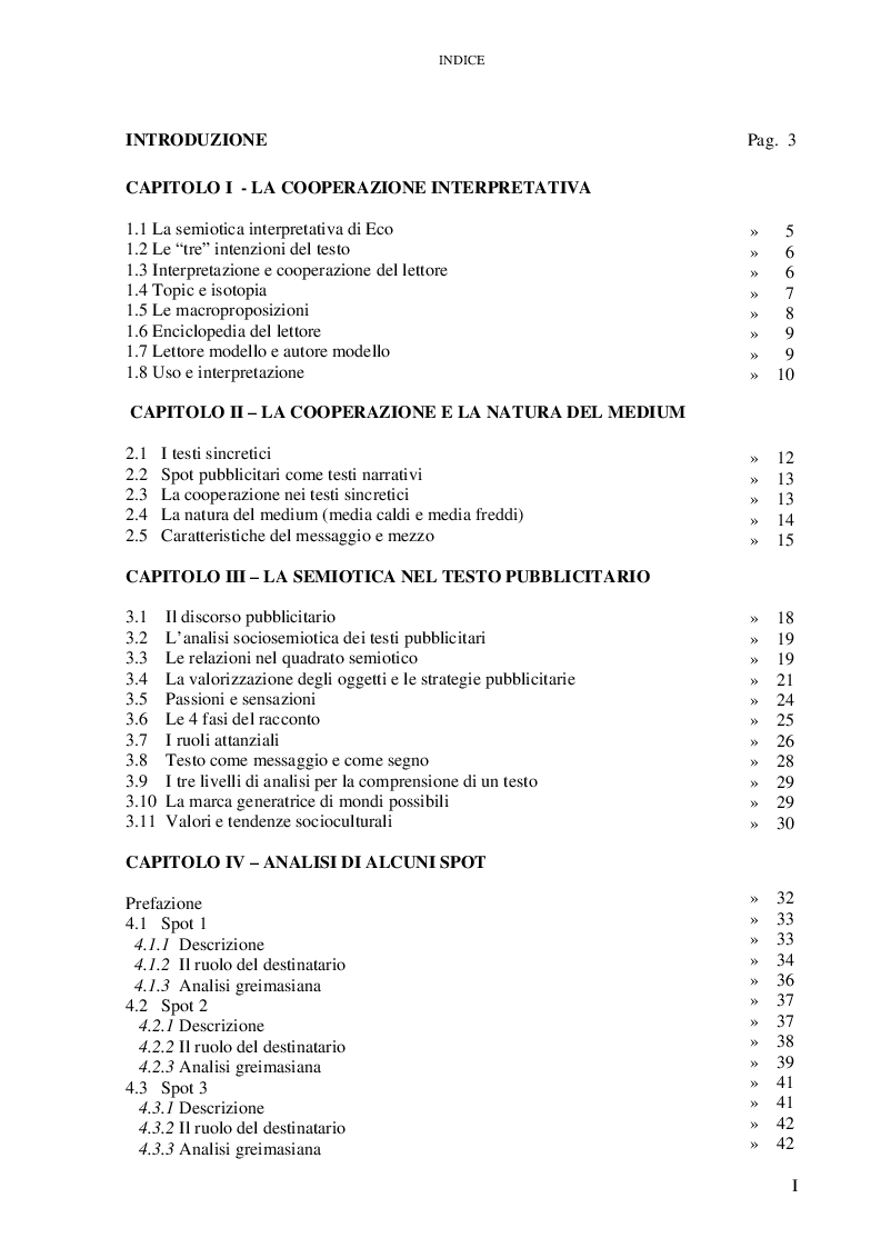 Indice della tesi: Testi pubblicitari: una cooperazione verso il consumo, Pagina 1