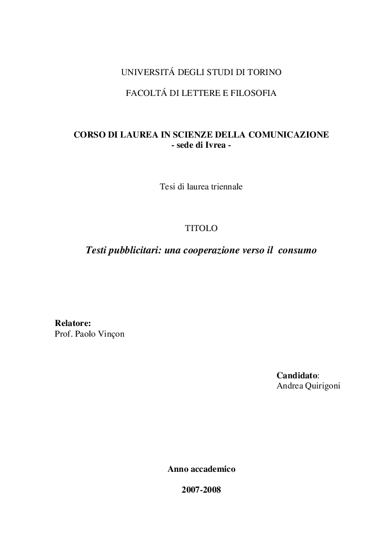 Anteprima della tesi: Testi pubblicitari: una cooperazione verso il consumo, Pagina 1