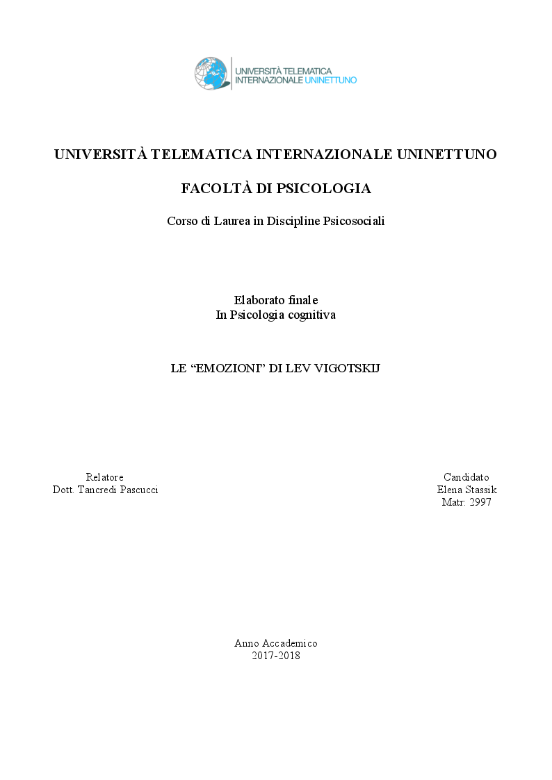 Anteprima della tesi: Le ''Emozioni'' di Lev Vigotskij, Pagina 1