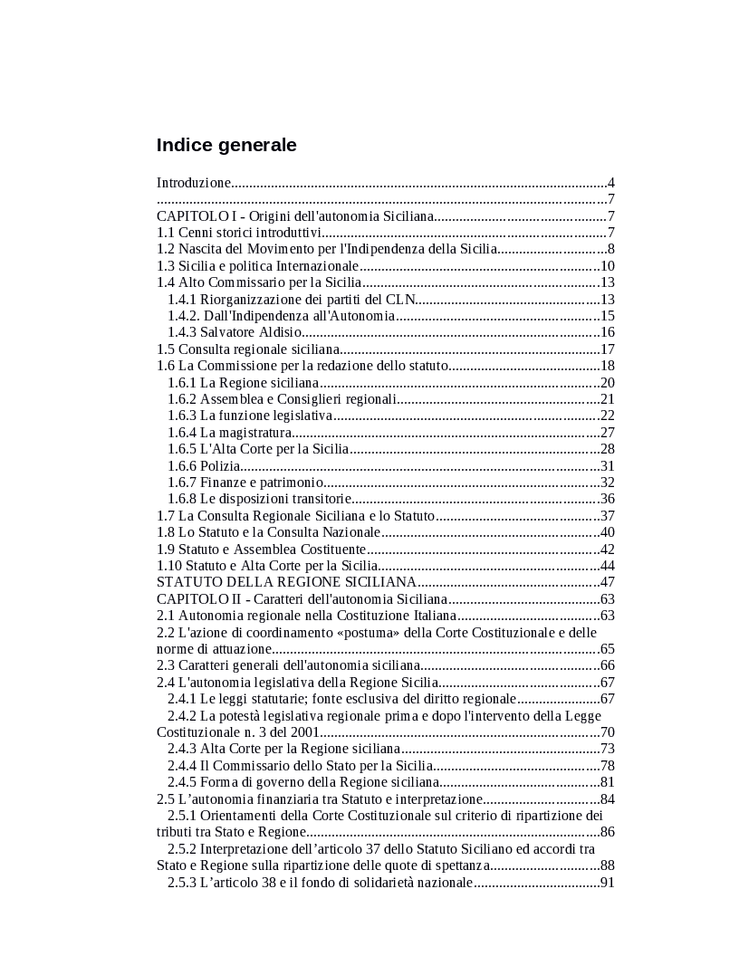 Indice della tesi: Origini, caratteri e prospettive dell'autonomia speciale della Regione Siciliana, Pagina 1