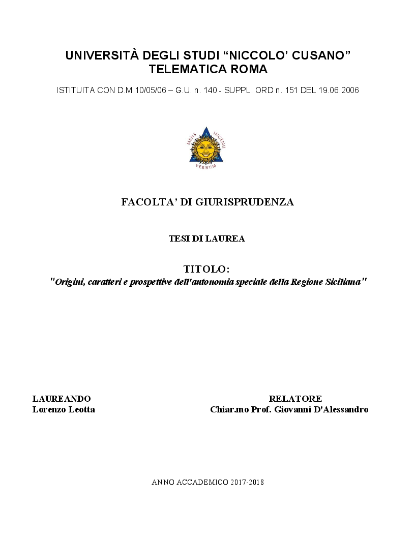 Anteprima della tesi: Origini, caratteri e prospettive dell'autonomia speciale della Regione Siciliana, Pagina 1