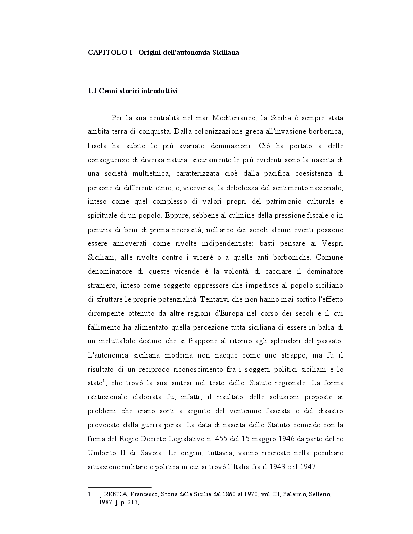 Anteprima della tesi: Origini, caratteri e prospettive dell'autonomia speciale della Regione Siciliana, Pagina 5