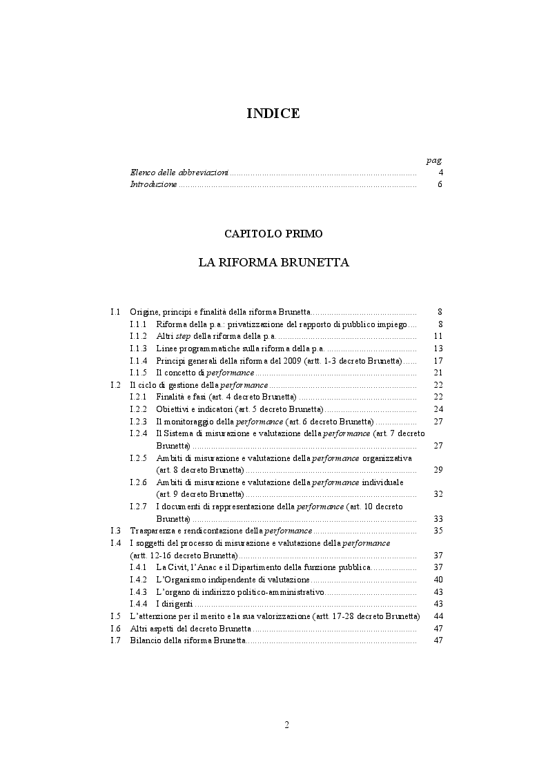Indice della tesi: La valutazione della performance nella Pubblica Amministrazione a seguito della riforma Brunetta: il caso INAIL, Pagina 1