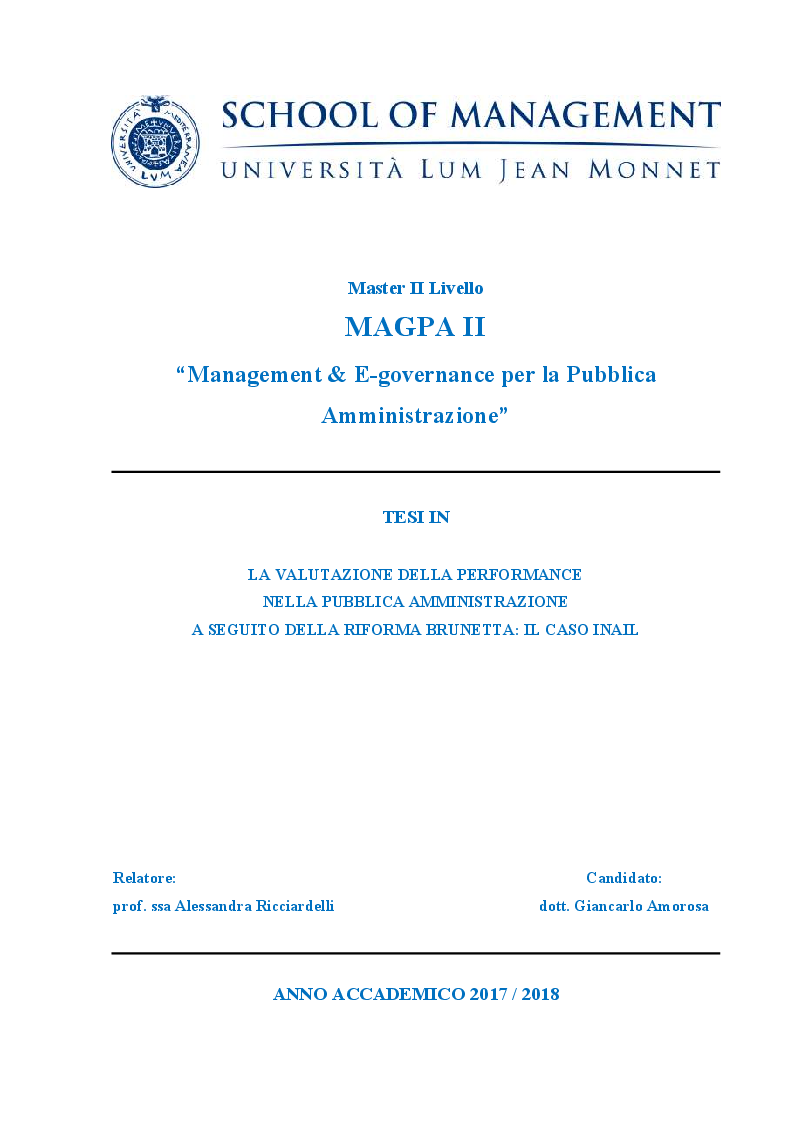 Anteprima della tesi: La valutazione della performance nella Pubblica Amministrazione a seguito della riforma Brunetta: il caso INAIL, Pagina 1