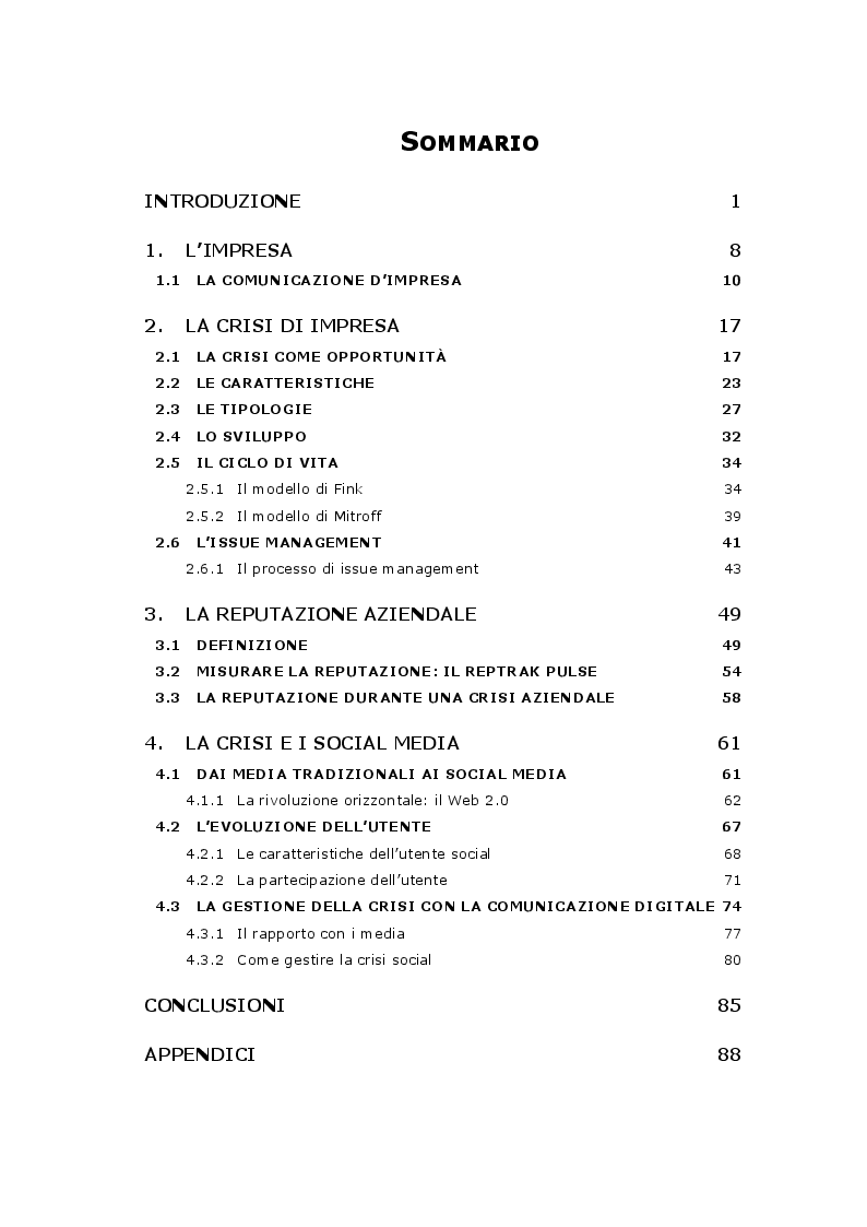 Indice della tesi: La crisi aziendale come opportunità di cambiamento, Pagina 1