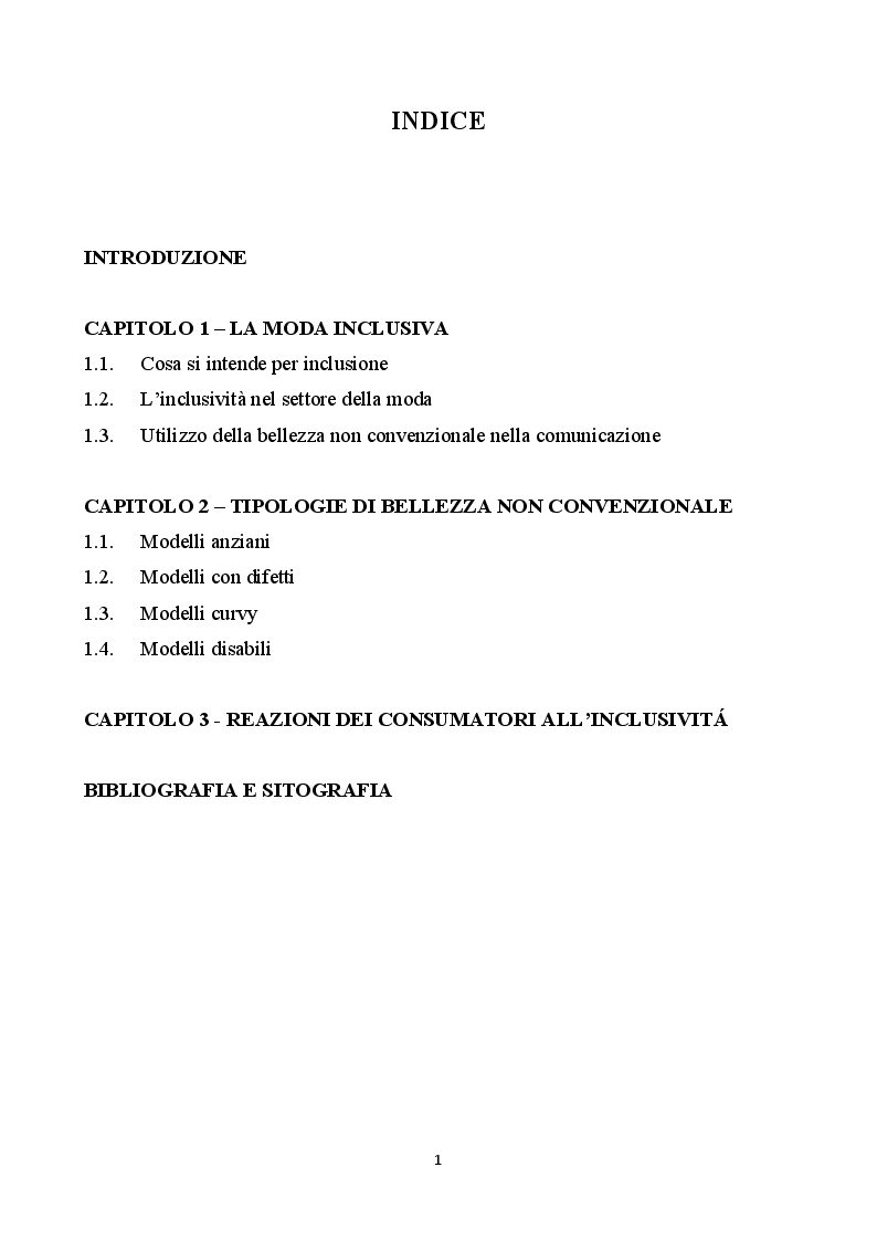 Indice della tesi: Inclusione e bellezza non convenzionale nella comunicazione di moda, Pagina 1