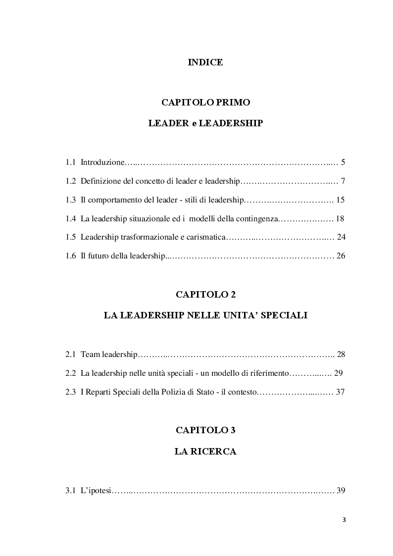 Indice della tesi: Analisi della leadership nei Reparti Speciali della Polizia di Stato, Pagina 1