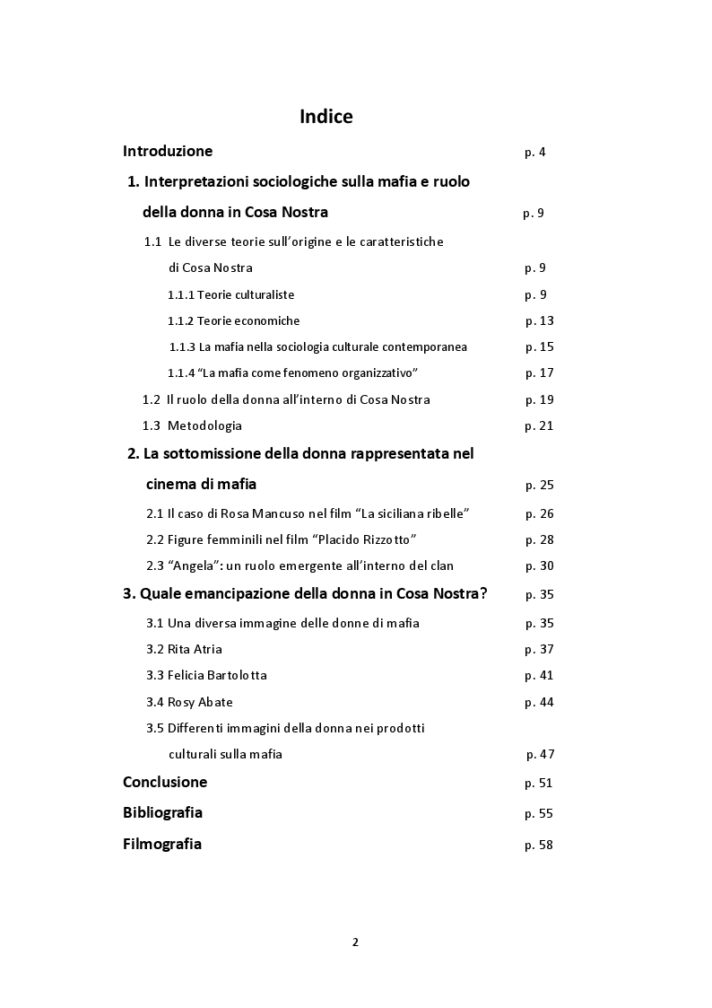Indice della tesi: La rappresentazione del ruolo femminile nei film e fiction di mafia: tra emancipazione e sottomissione, Pagina 1
