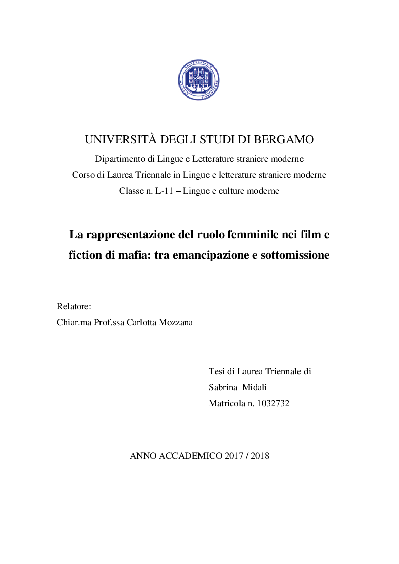 Anteprima della tesi: La rappresentazione del ruolo femminile nei film e fiction di mafia: tra emancipazione e sottomissione, Pagina 1