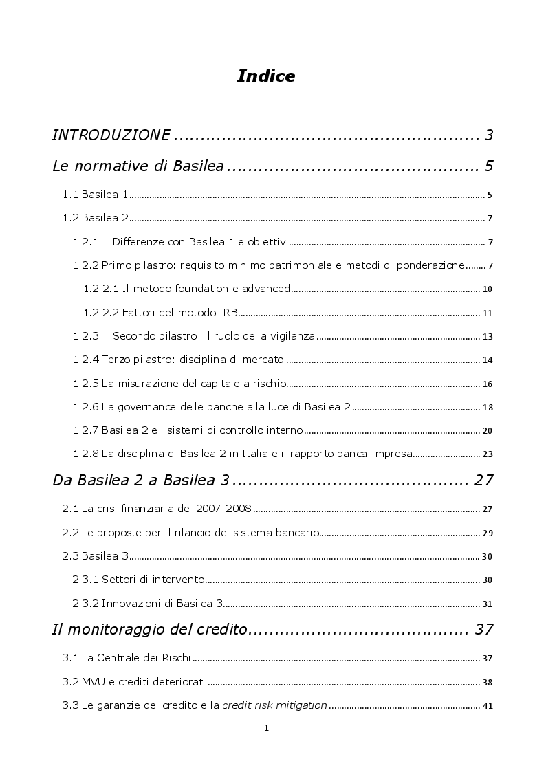 Indice della tesi: Normative di Basilea: l'analisi e la misurazione del rischio di credito, Pagina 1