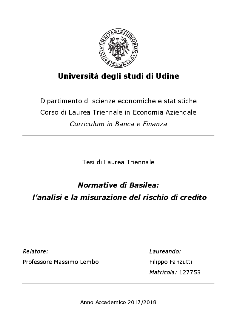 Anteprima della tesi: Normative di Basilea: l'analisi e la misurazione del rischio di credito, Pagina 1