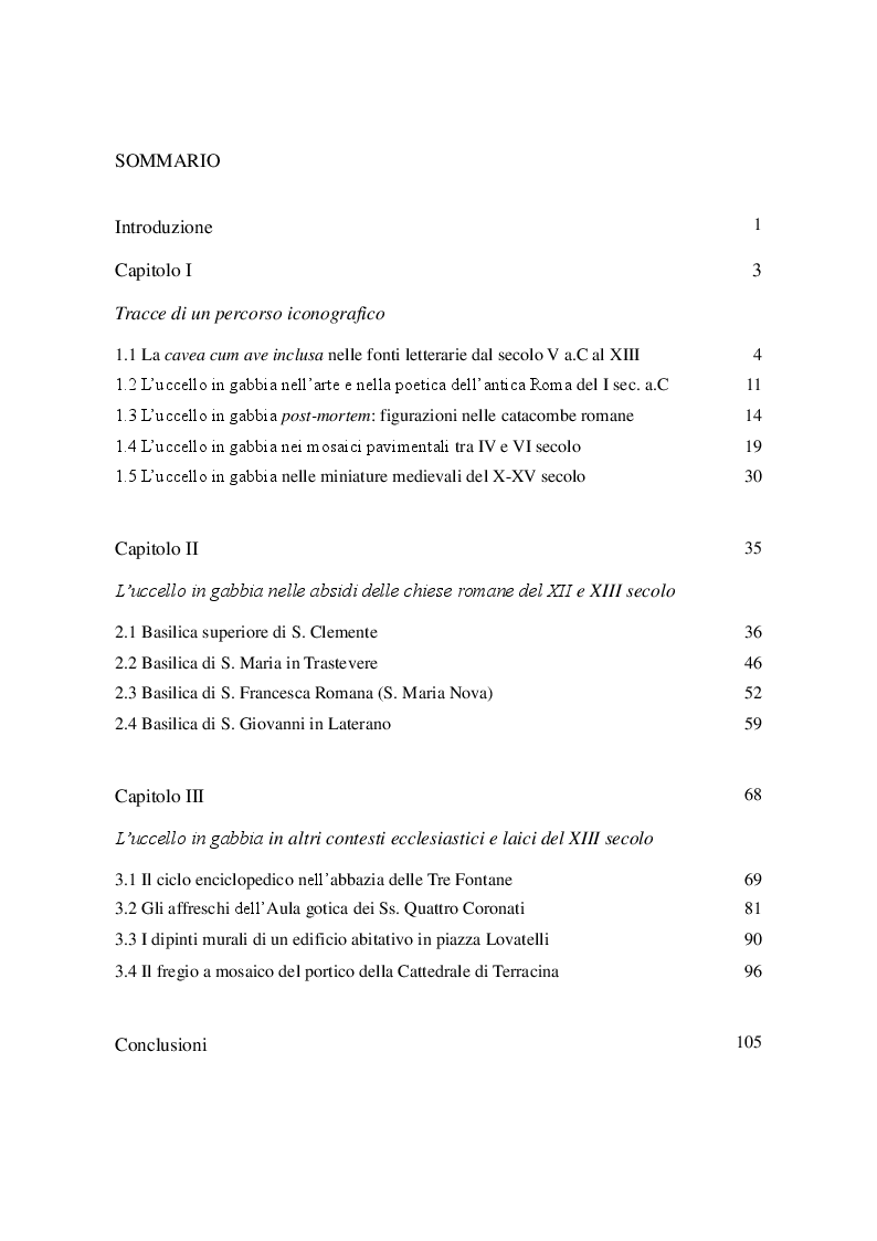 Indice della tesi: Il tema iconografico della ''Cavea cum ave inclusa'' a Roma e nel Lazio tra XII e XIII secolo, Pagina 1